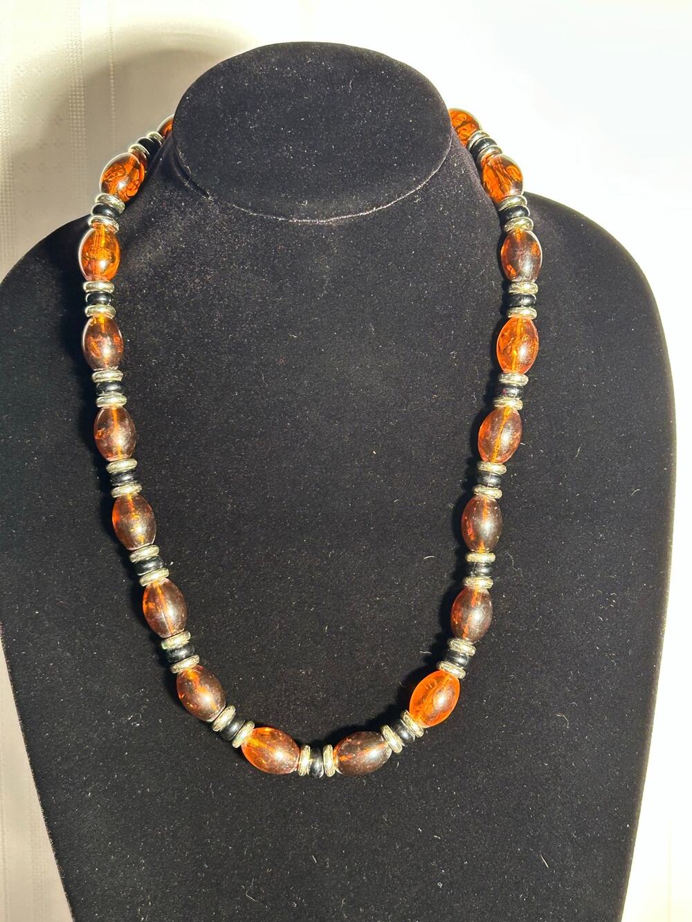 Vintage Amber & Black Beaded Strand Necklace Translucent Barrel Beads 22 Inch